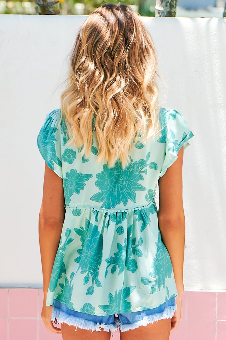Ella Top: Butterfly Cap Sleeve Smock Top with Neck Tie in Capri Sea Print