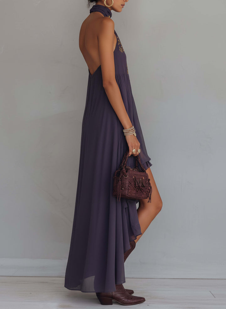 Lavender Purple Chiffon Maxi Dress Vintage Baroque Embroidered
