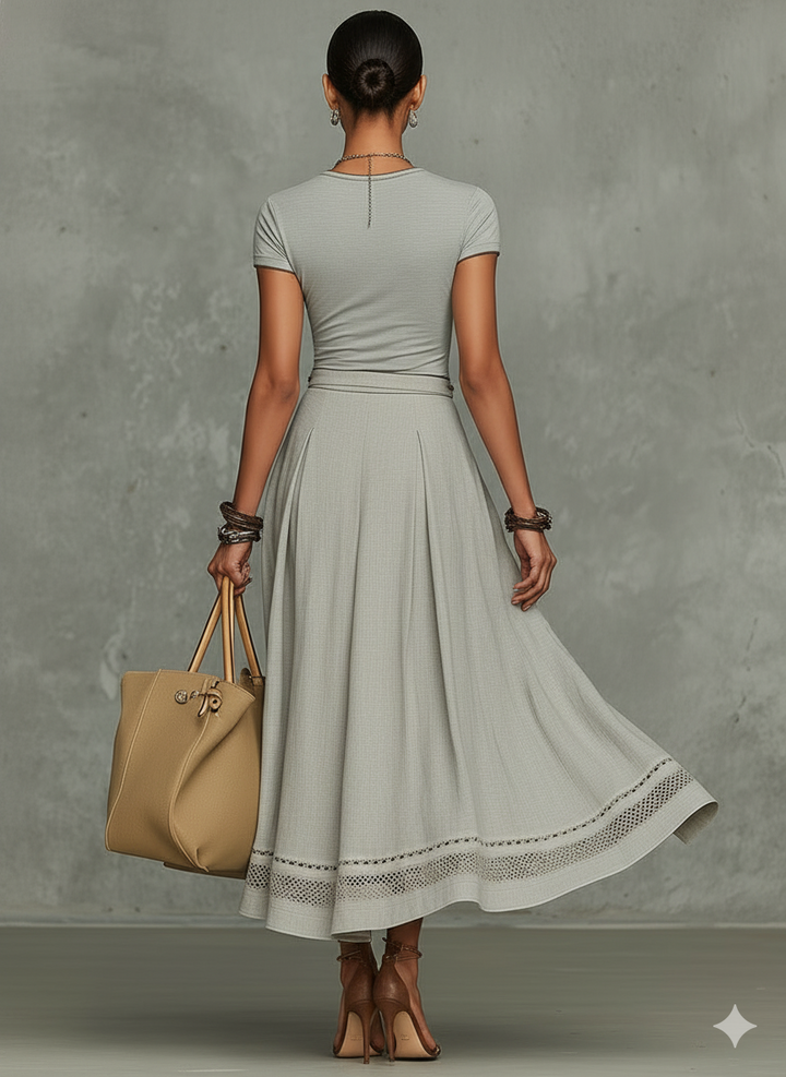 Gray V-Neck T-shirts And Midi Skirt Set