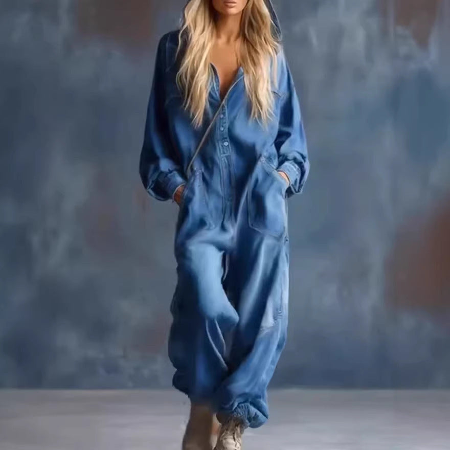 LS | Women Denim Hooded Jumpsuit