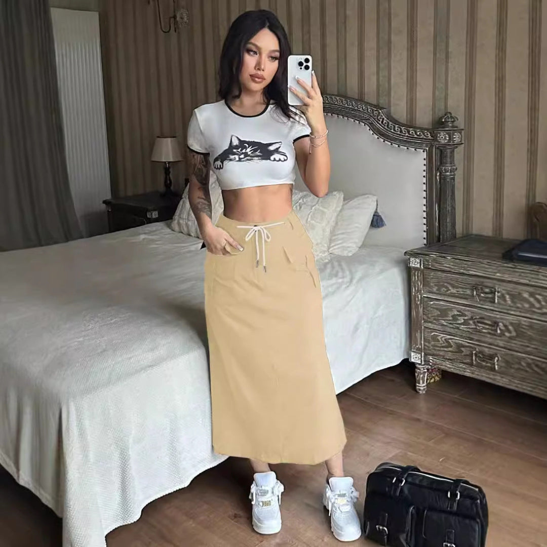 LS | Women Drawstring Waist Midi Skirt