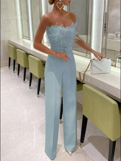 LS | Women Glam Strapless Feather Jumpsuit