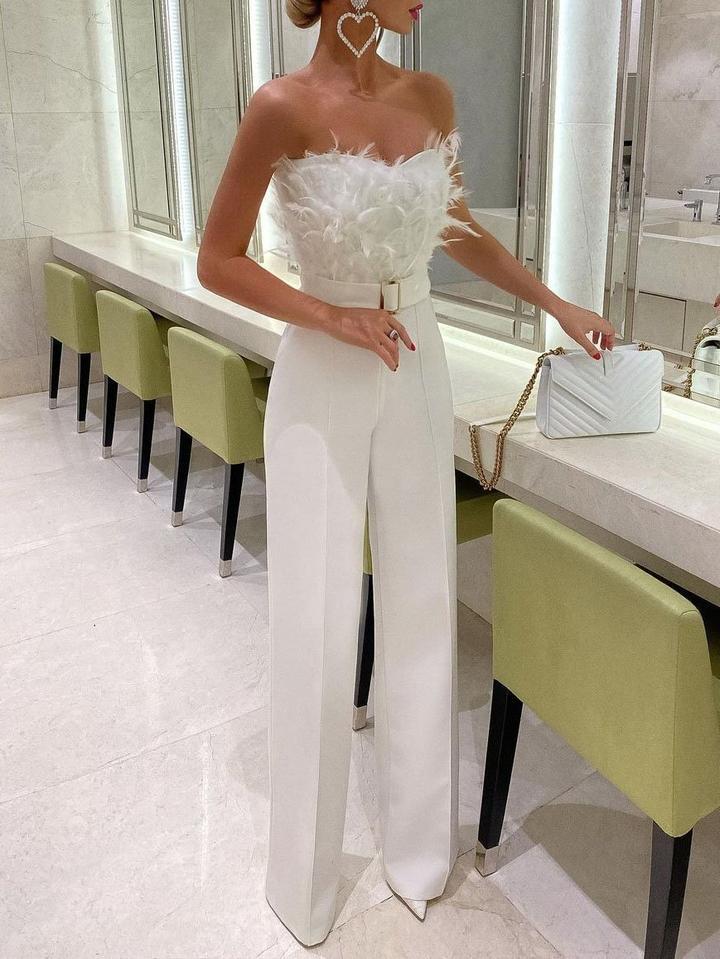LS | Women Glam Strapless Feather Jumpsuit