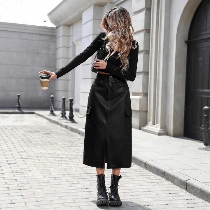 LS | Women High Waist Leather Midi Skirt