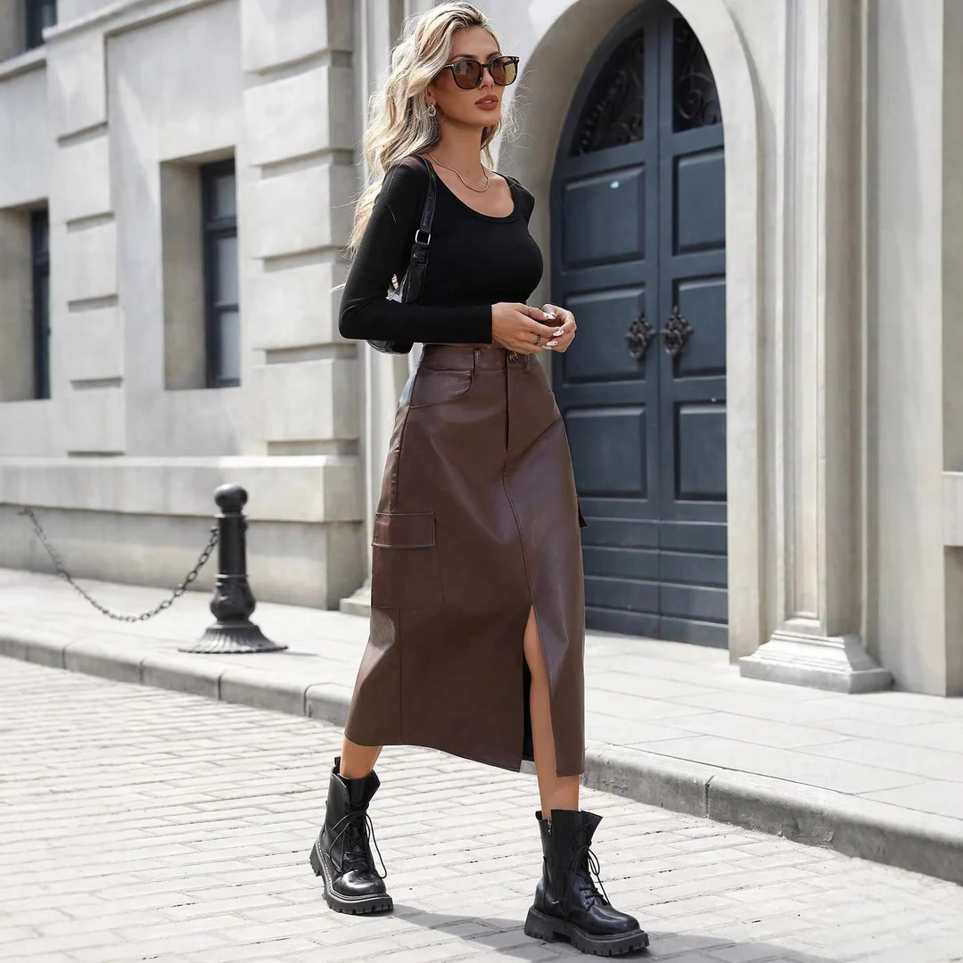 LS | Women High Waist Leather Midi Skirt
