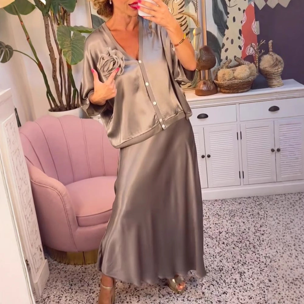 LS | Women Silky Button Skirt Set