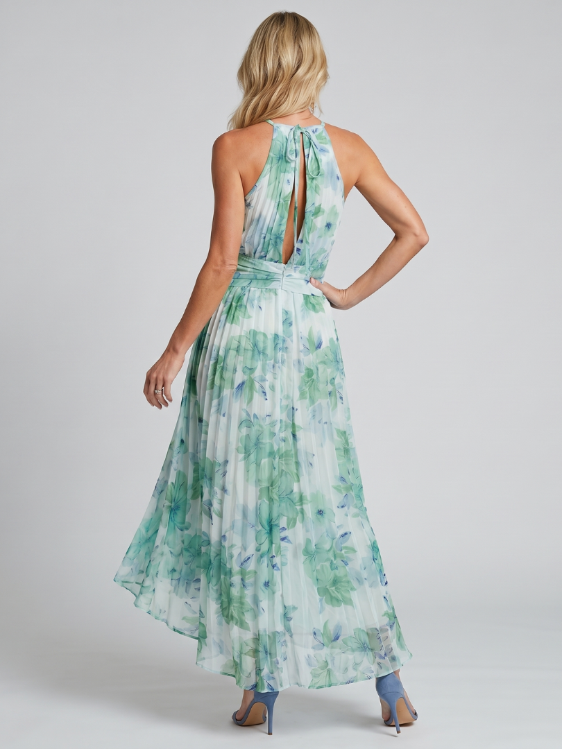 Chloe - Pleated Halter Soft Floral Pattern Midi Dress
