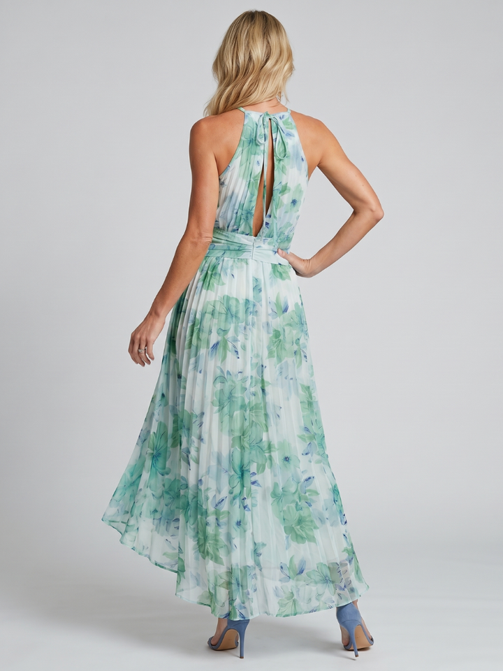 Chloe - Pleated Halter Soft Floral Pattern Midi Dress