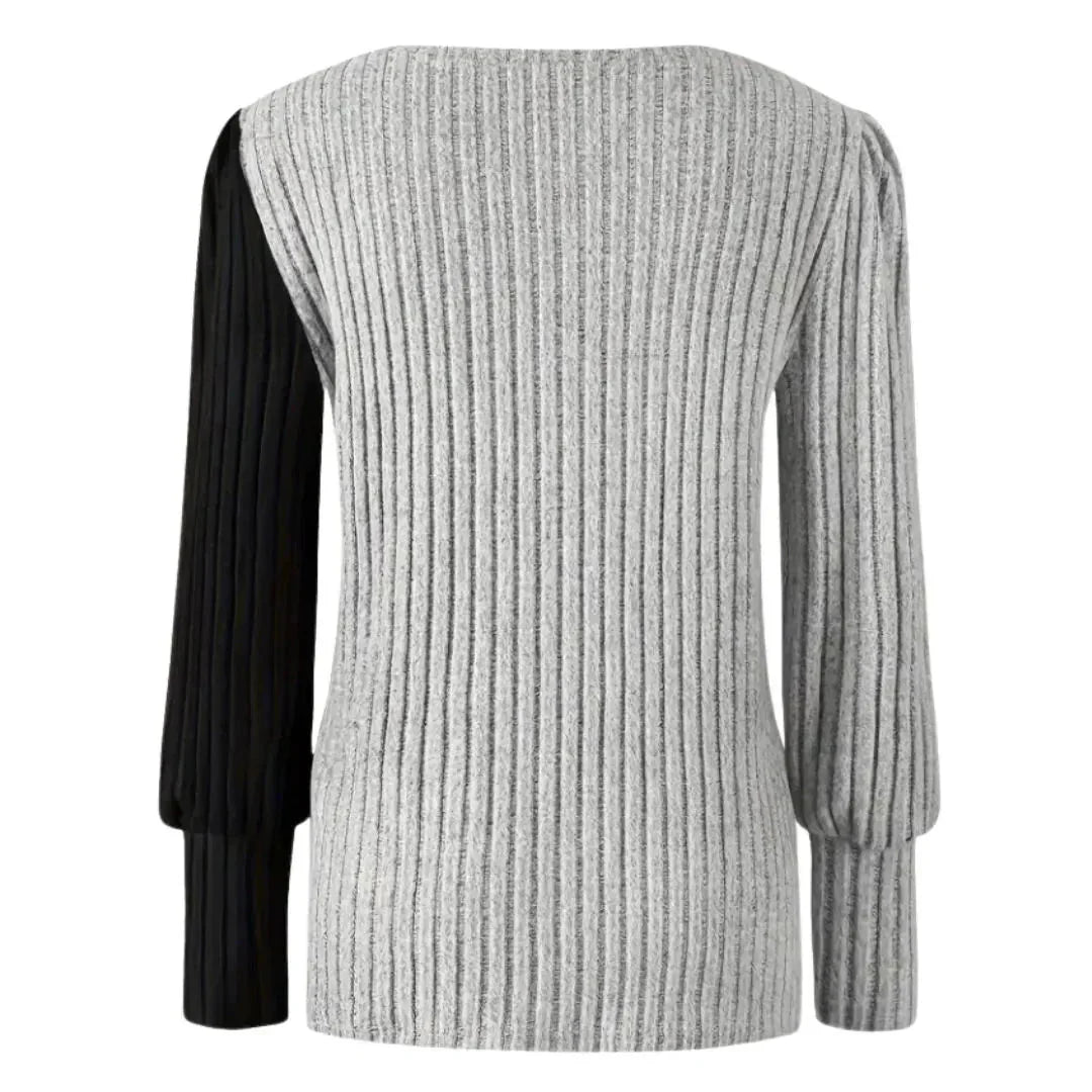 Rivana Women's Asymmetrical Contrast Rib Knit Blouse