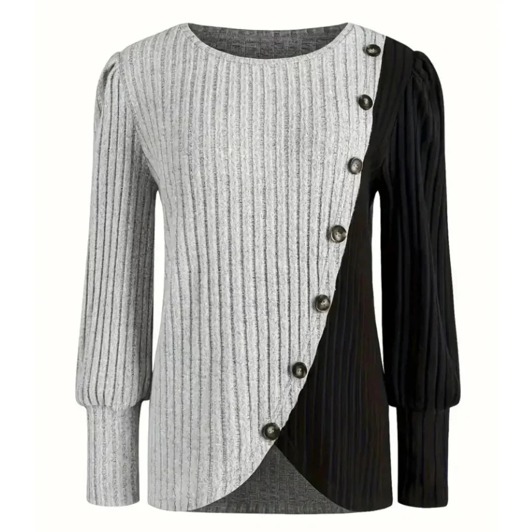Rivana Women's Asymmetrical Contrast Rib Knit Blouse