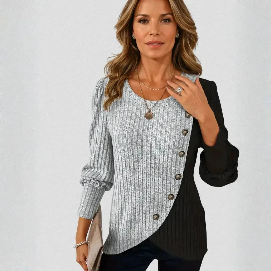 Rivana Women's Asymmetrical Contrast Rib Knit Blouse