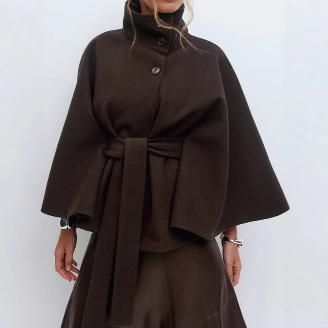Women High-Neck Belted Cape Coat LionStyle