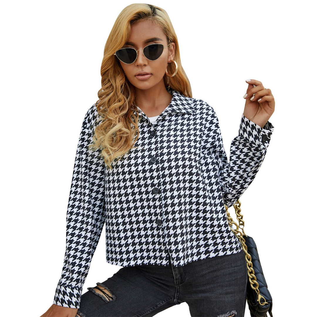 Women Houndstooth Button Long Sleeves LionStyle