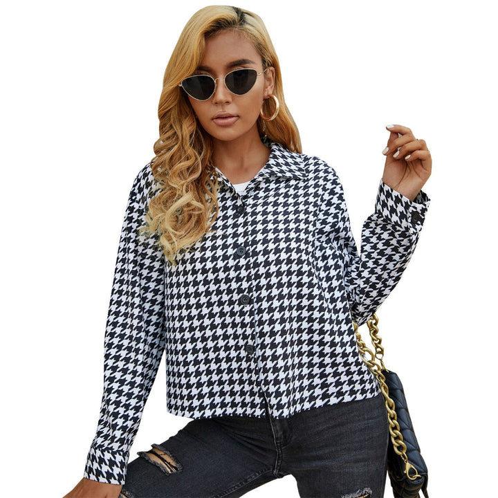 Women Houndstooth Button Long Sleeves LionStyle