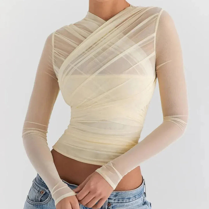 Women’s Mesh Criss-Cross Ruched Long Sleeve Top