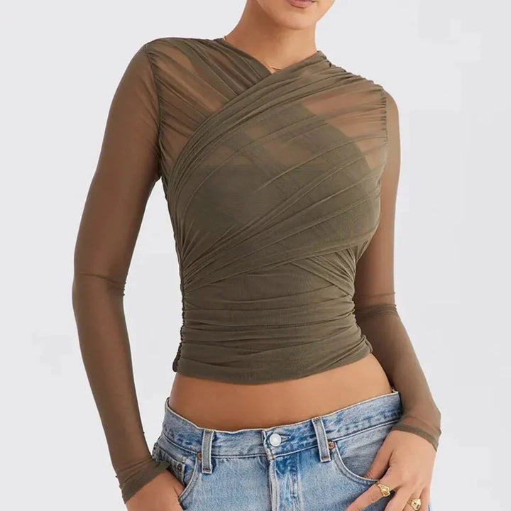Women’s Mesh Criss-Cross Ruched Long Sleeve Top