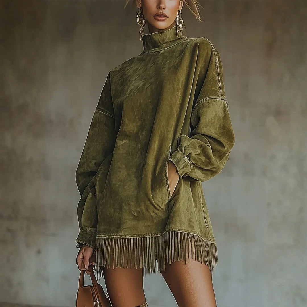 LS | Women’s Suede Balloon Sleeve Tassel Mini Dress