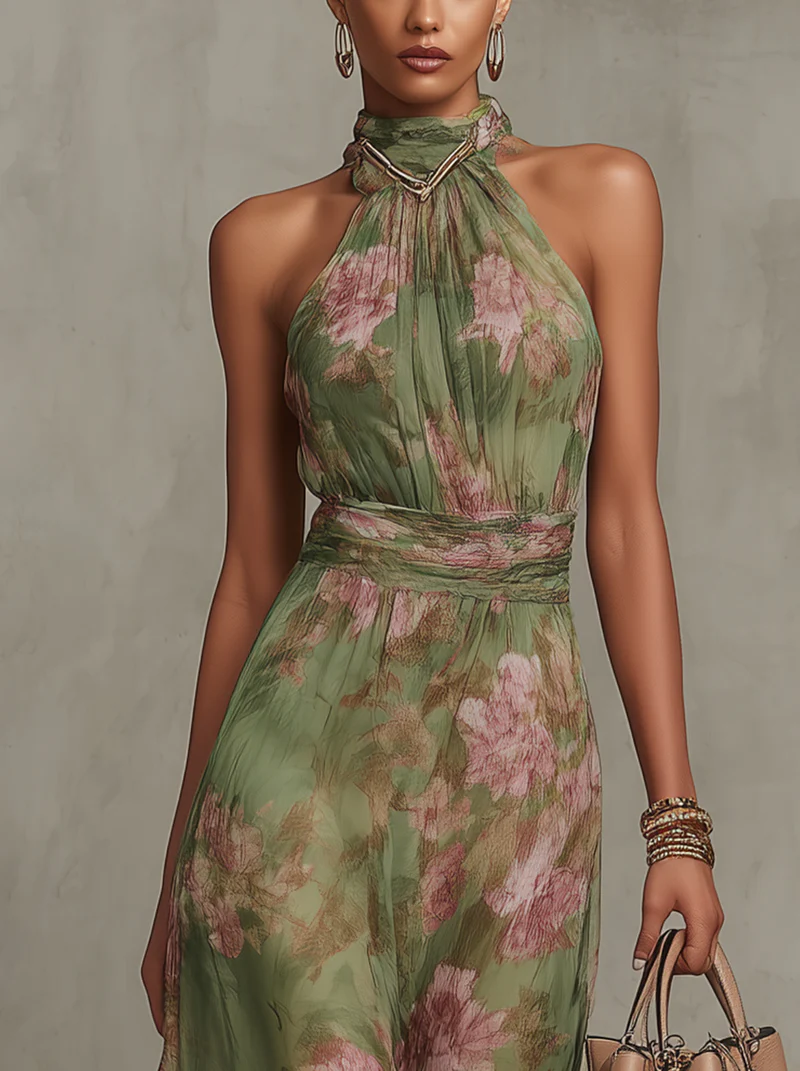 Serena™ | Long green dress with a floral print and a halter neck