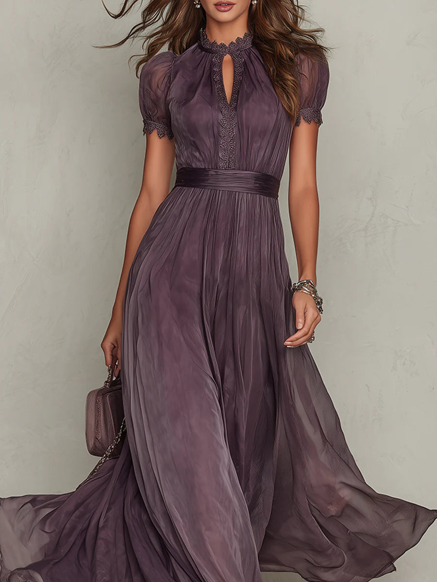 Olivia | Long Purple Dress Keyhole Neckline Chiffon Lace Trim