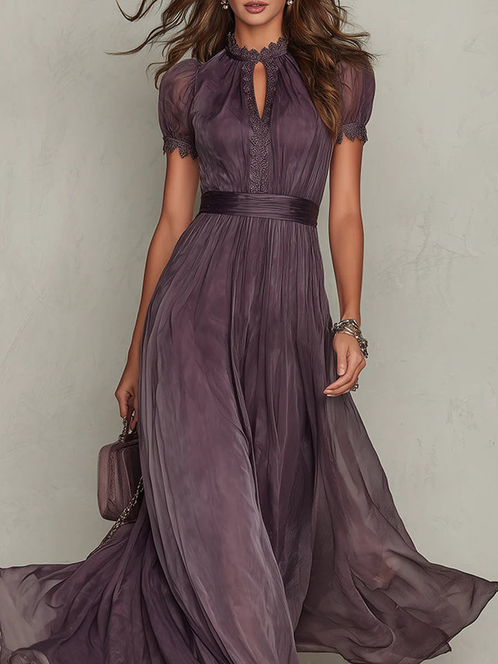 Olivia | Long Purple Dress Keyhole Neckline Chiffon Lace Trim