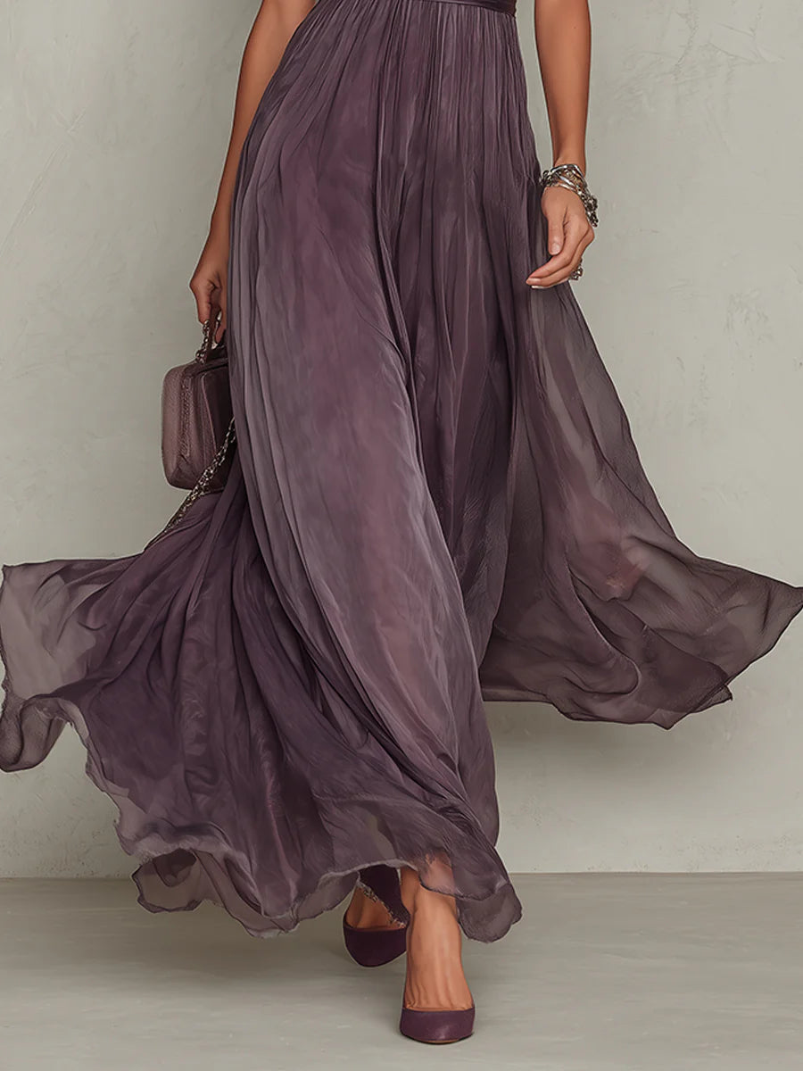 Olivia | Long Purple Dress Keyhole Neckline Chiffon Lace Trim