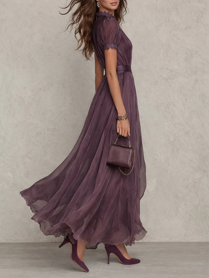 Olivia | Long Purple Dress Keyhole Neckline Chiffon Lace Trim