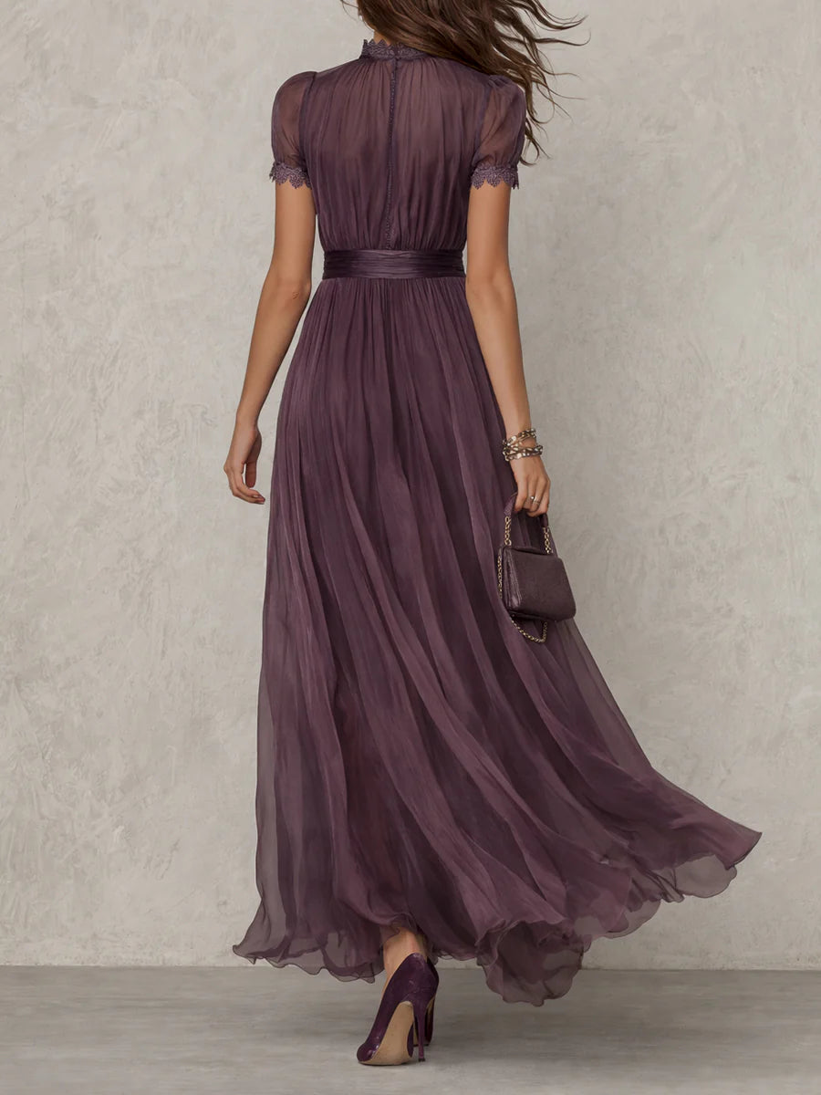 Olivia | Long Purple Dress Keyhole Neckline Chiffon Lace Trim