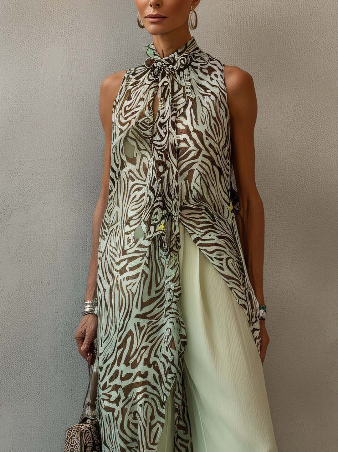 Light Green Zebra Print Chiffon Bow Tie Top And Wide Leg Pants Set
