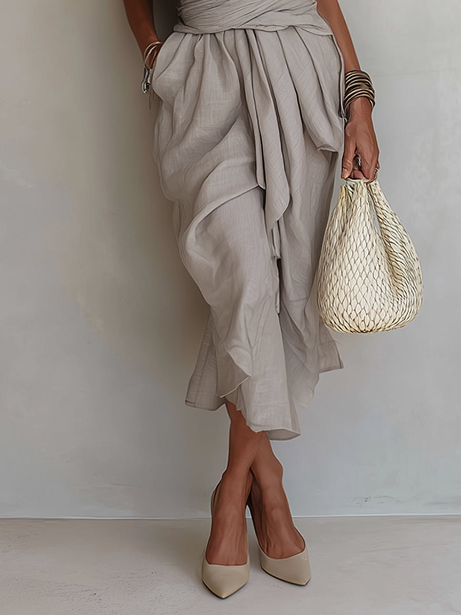 Gray Asymmetric Draped Linen Maxi Dress