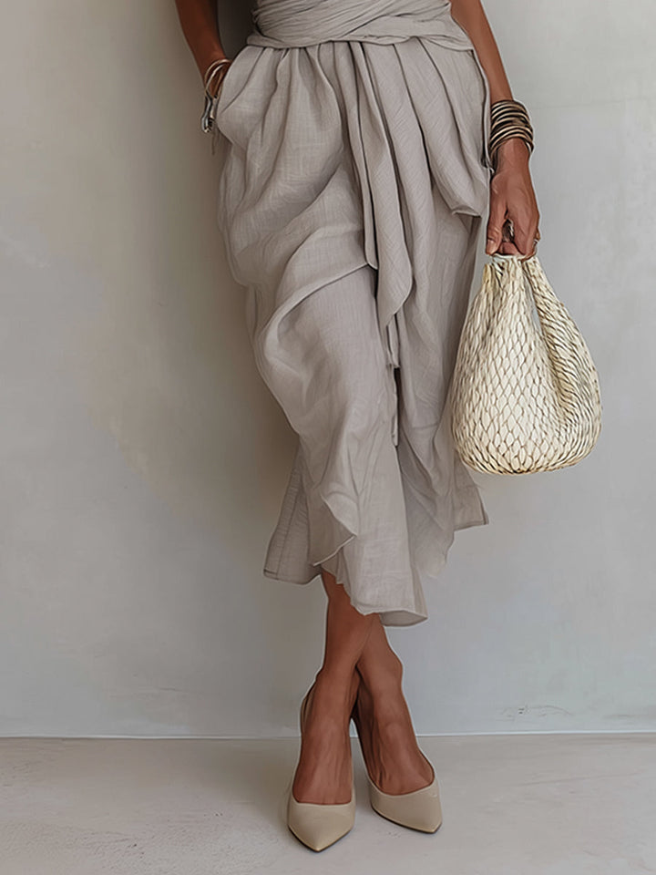 Gray Asymmetric Draped Linen Maxi Dress