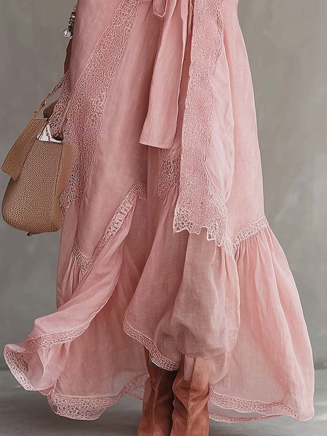 Pink Cotton Linen Patchwork Lace Trim V-Neck Sleeveless Maxi Dress