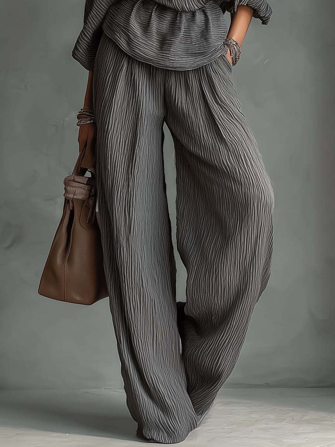 Dark Gray Pleated One Shoulder Top And Wide Leg Pants Set
