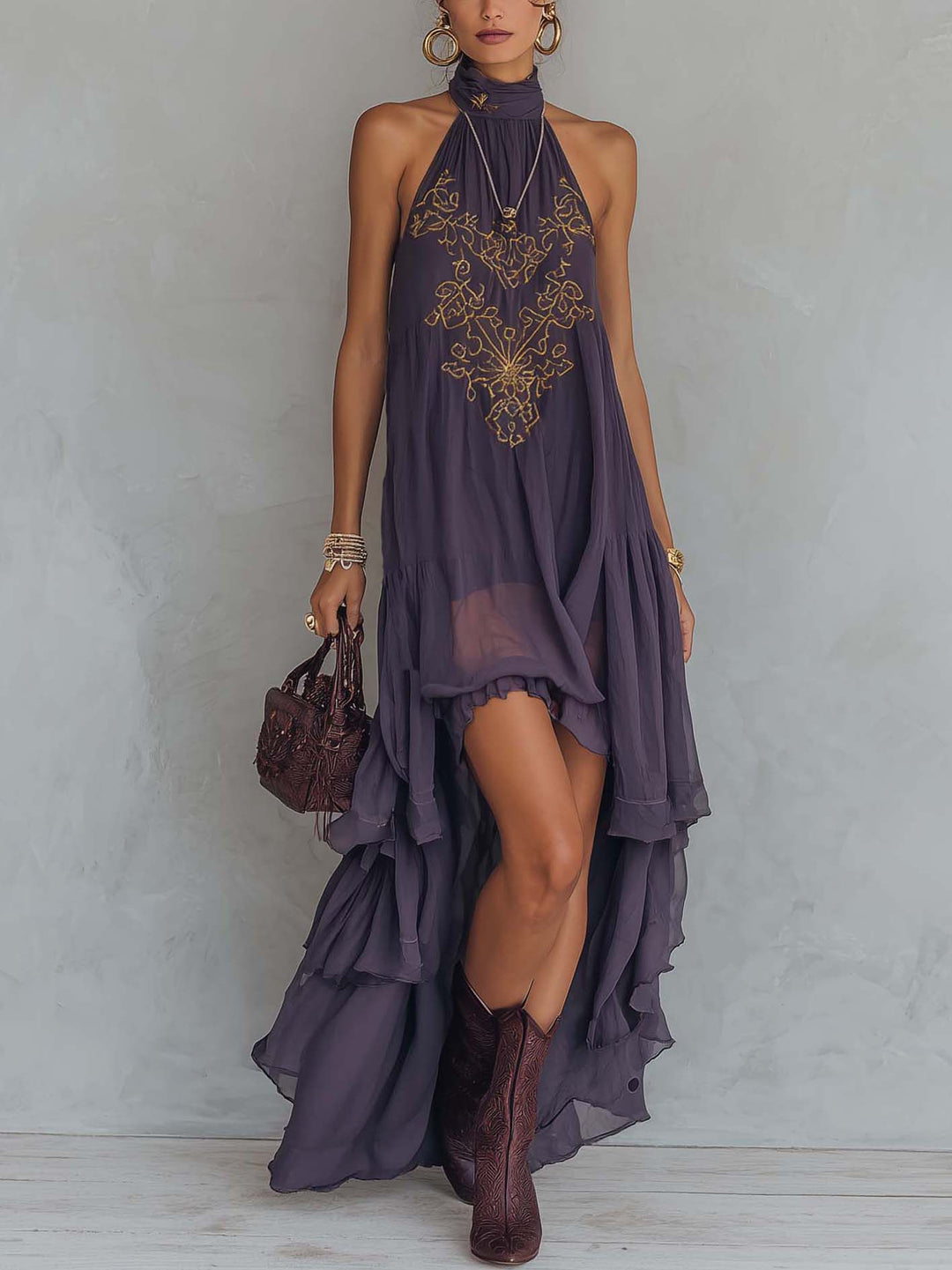 Lavender Purple Chiffon Maxi Dress Vintage Baroque Embroidered