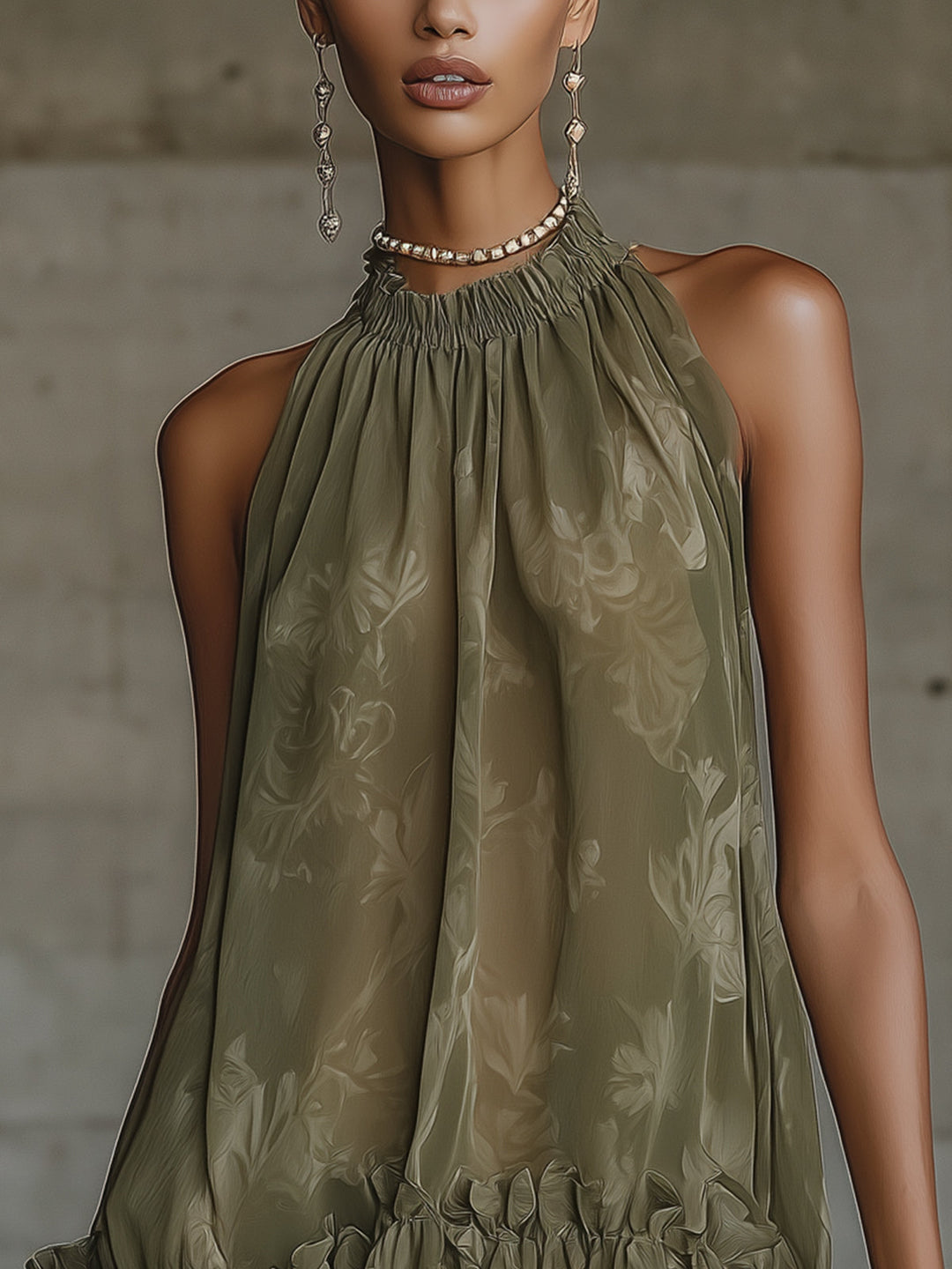 Olive Halter Neck Ruffled Hem Floral Chiffon Mini Dress