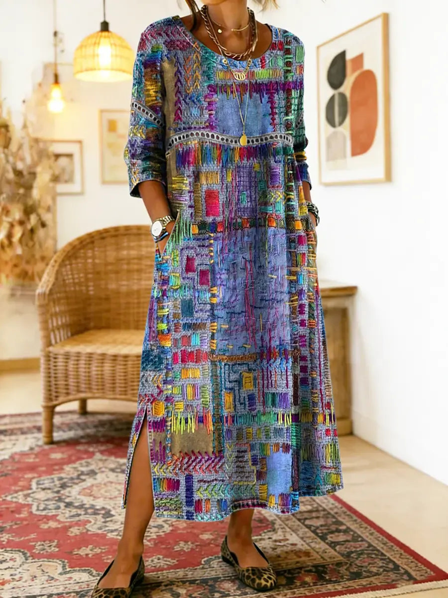 Lisa | Denim dress with ethnic patchwork