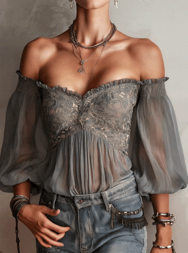Gray Off-Shoulder Embroidered Chiffon Blouse