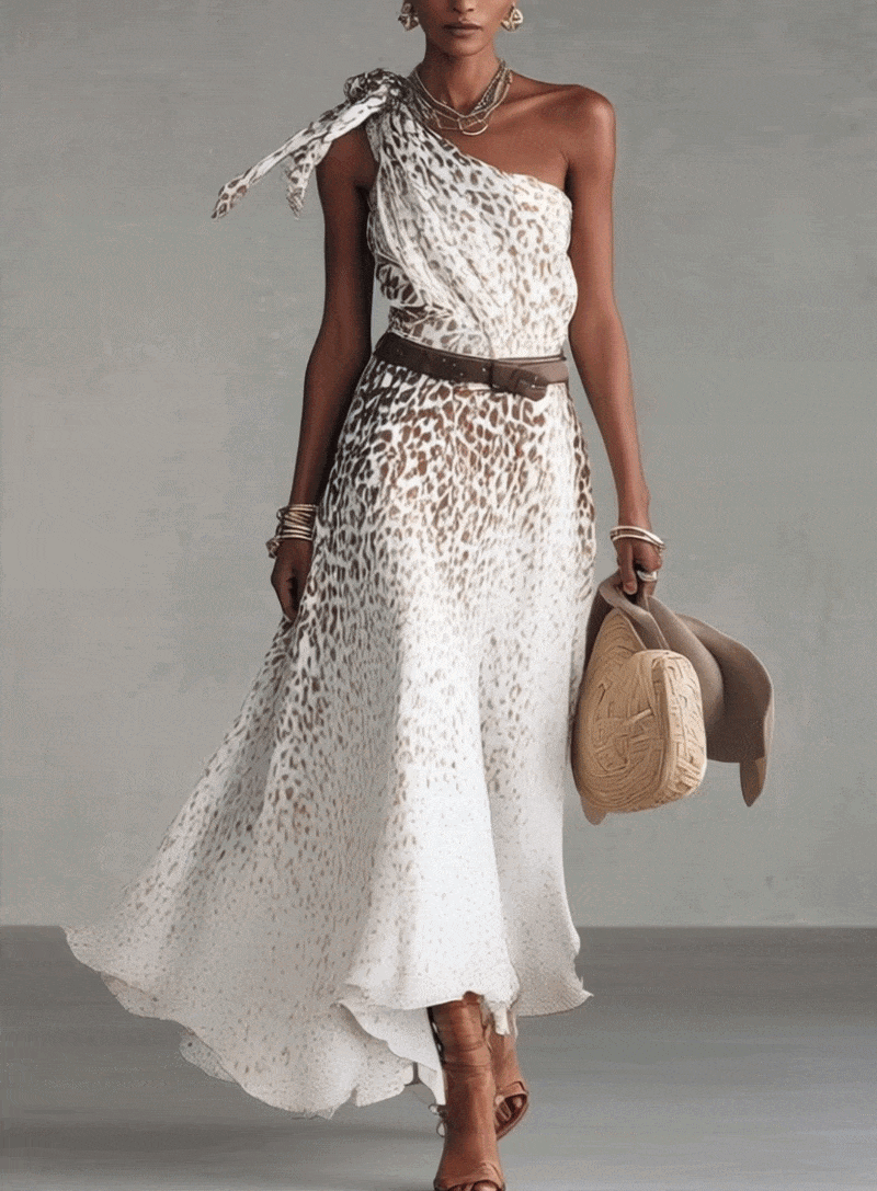 One-Shoulder Animal Print Belted Flowy Maxi Dress