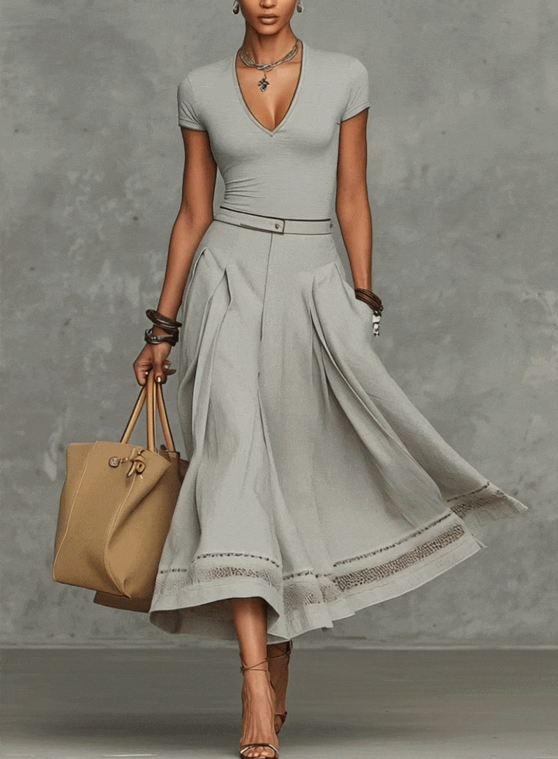 Gray V-Neck T-shirts And Midi Skirt Set