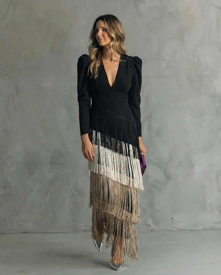 Clara™ | Elegant midi dress with fringed sleeves