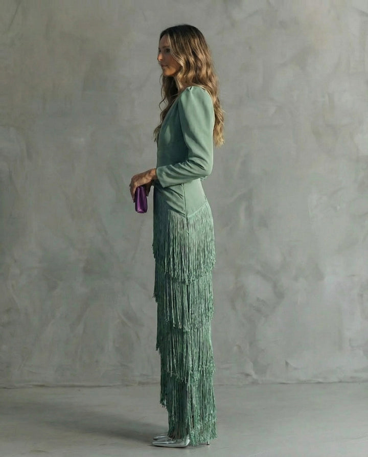Clara™ | Elegant midi dress with fringed sleeves